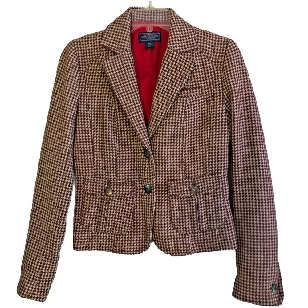 American Eagle Houndstooth Wool Blazer Womens Sz S Y2K Ivy League Heritage Prep - Picture 2 of 16